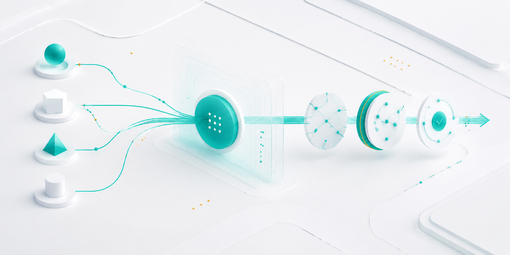Abstract teal source path flowing through review nodes