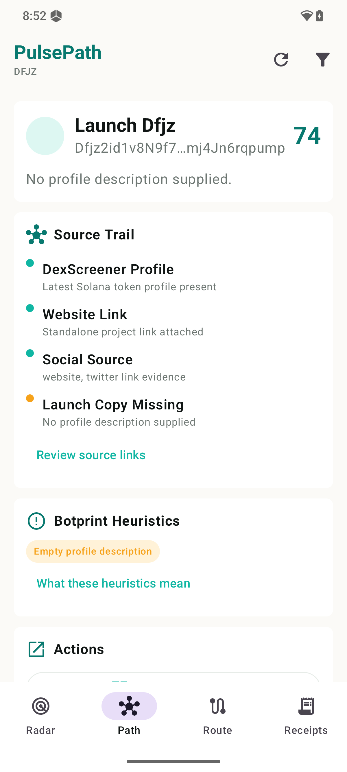 PulsePath Path tab showing source trail and botprint heuristics