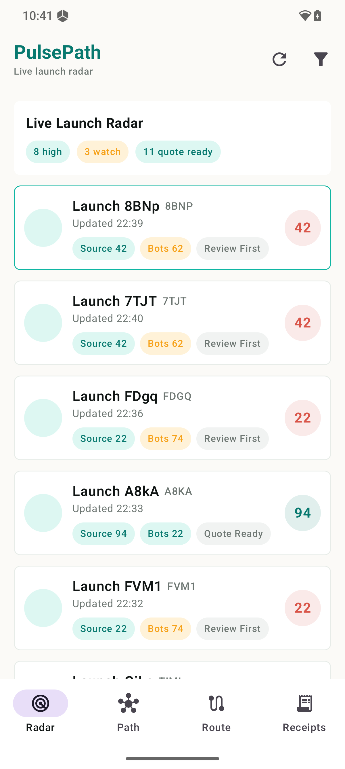 PulsePath Radar tab showing live launch scores