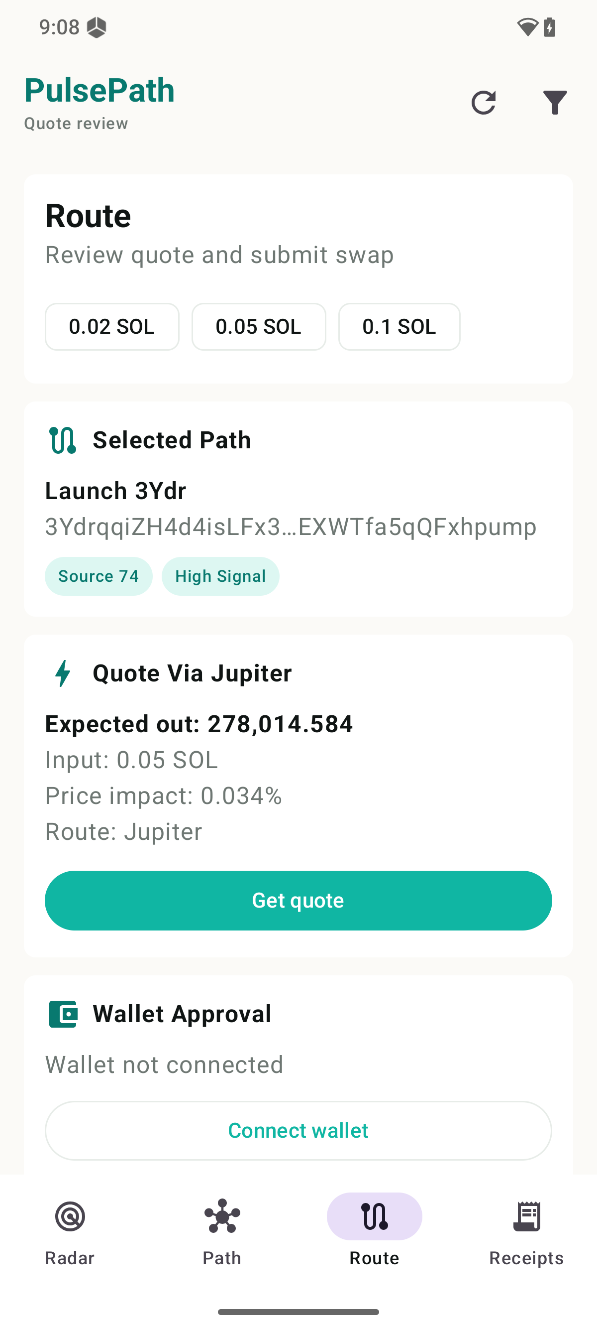 PulsePath Route tab showing a live Jupiter quote